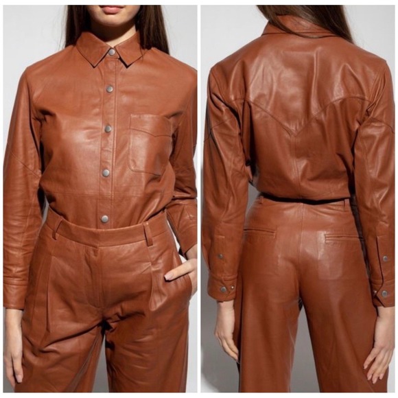 Rag & Bone Jack Leather Button Down Shirt Blouse Shacket Cognac Sz S NWT $795‎